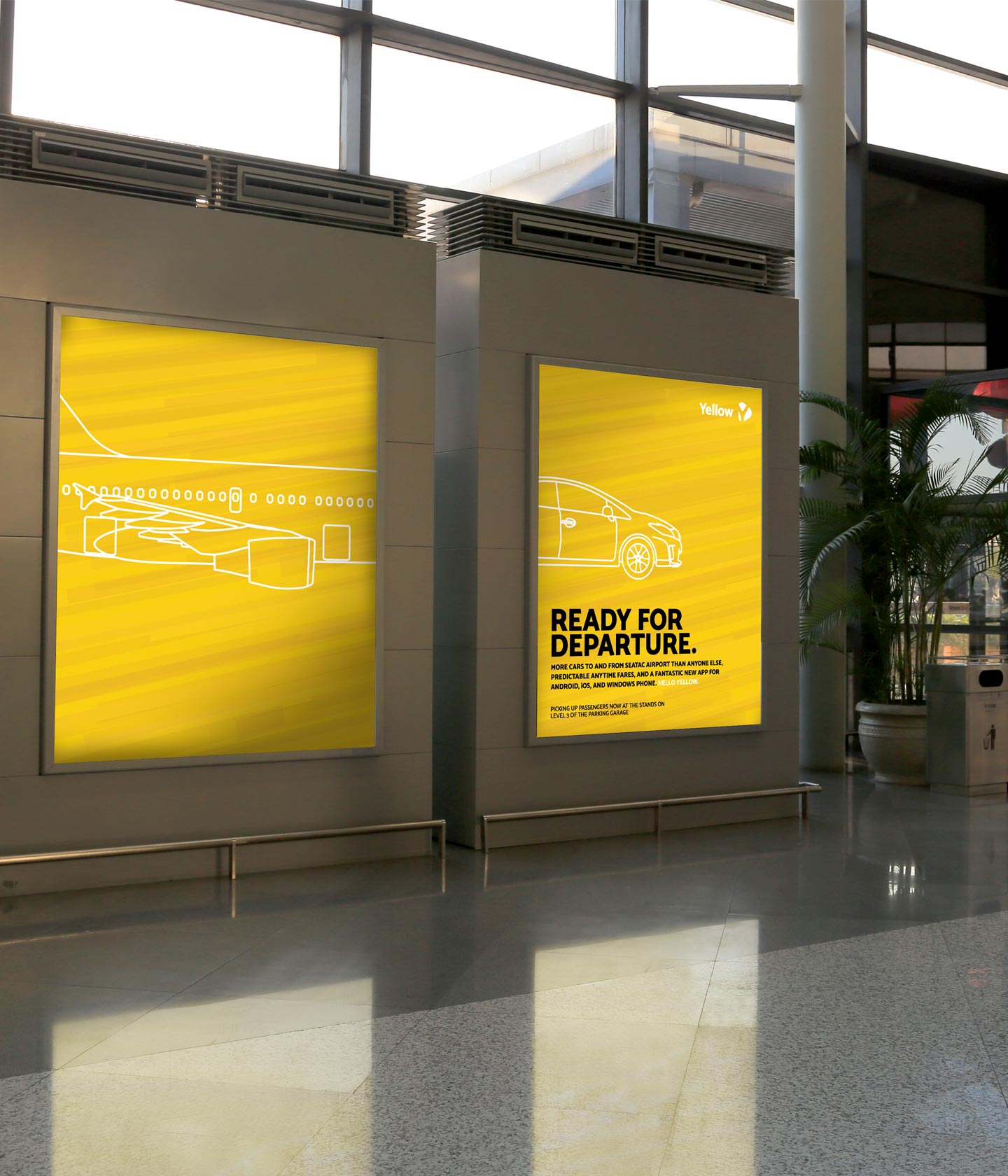 A composite image of two backlit out of home advertising panels. The left image features a line drawing of the tail section of a jet airplane over the Yellow brand pattern. The pattern bleeds off the edge of the panel. Next to it, an identically sized panel, separated by a few feet, aligns a similar line drawing of the front of a Toyota Prius aligned to the airplane from the first panel. The text underneath reads 