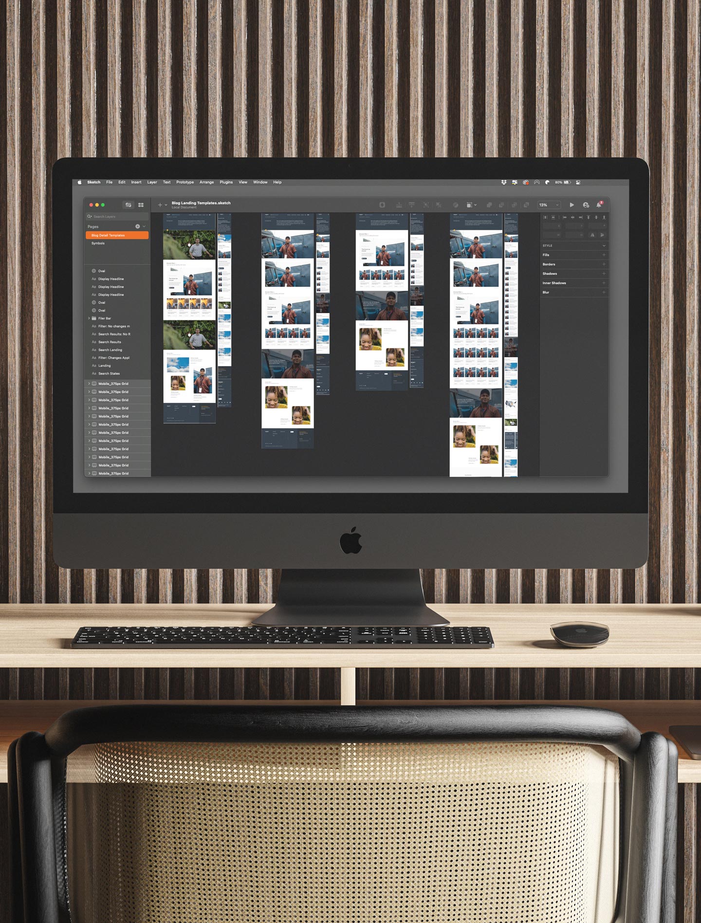 An Apple display shows several mockups in sequence within an open Sketch design software artboard