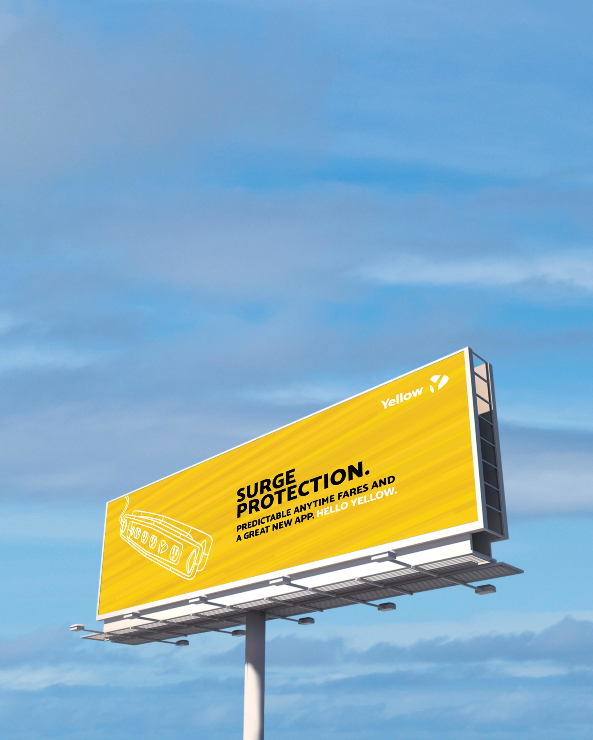 A mockup of a highway billboard with the new Yellow brand language showing an outline of a surge protector and the text 